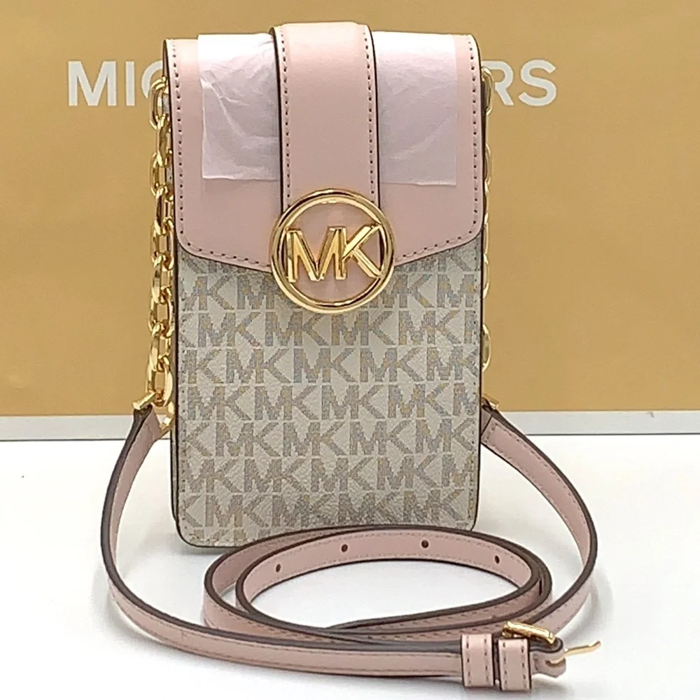 NWT Michael Kors Carmen Small NS Logo Smartphone Crossbody VANILLA/PINK COLOR